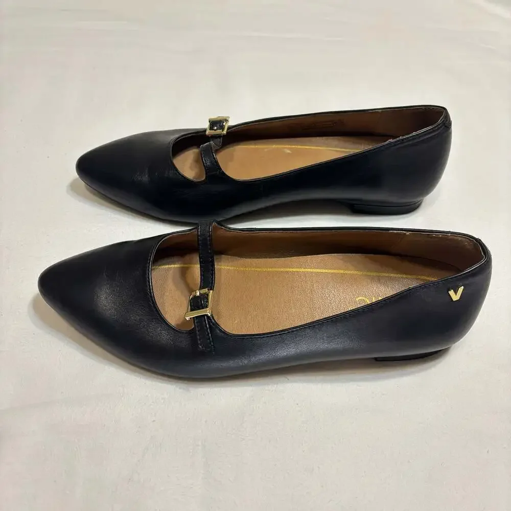 Vionic Black Leather Gem Delilah Pointed Toe Mary Jane Flats Size 6.5